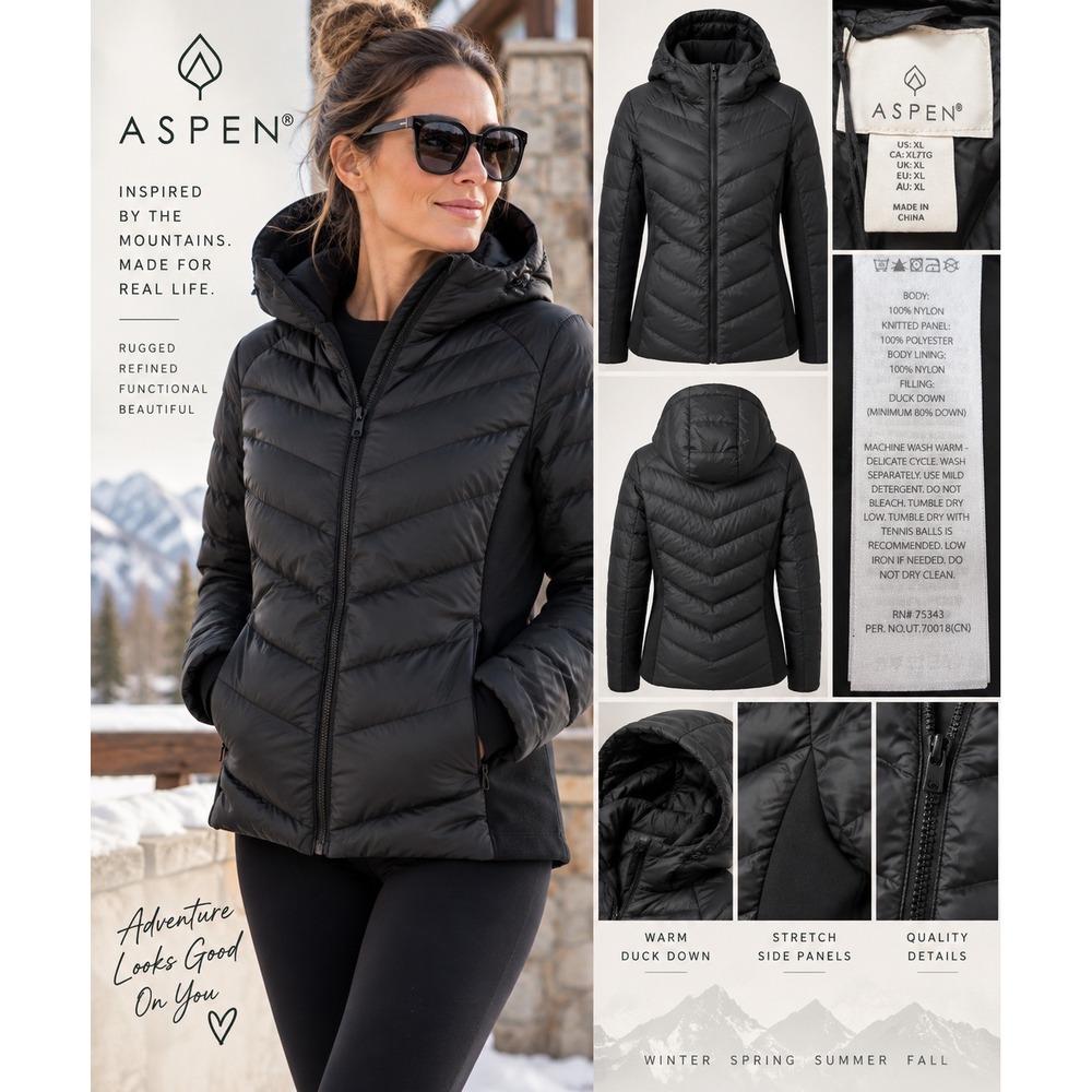 Aspen Womens XL Black Duck Down Puffer Jacket Hooded Hybrid Stretch NWT
